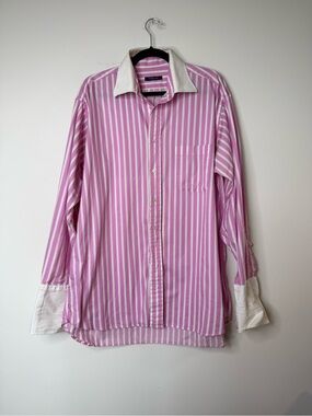 Vintage Burberry Men's Pink Stripe Button-Up Shirt with White Contrast Collar